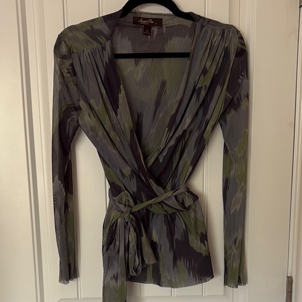 Long Sleeve Wrap Top in Olive & Gray Ikat Print- Women